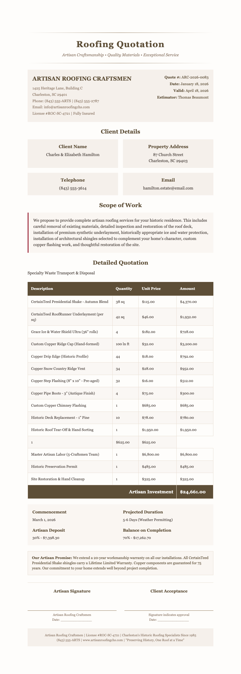 Artisan detailed roofing quotation